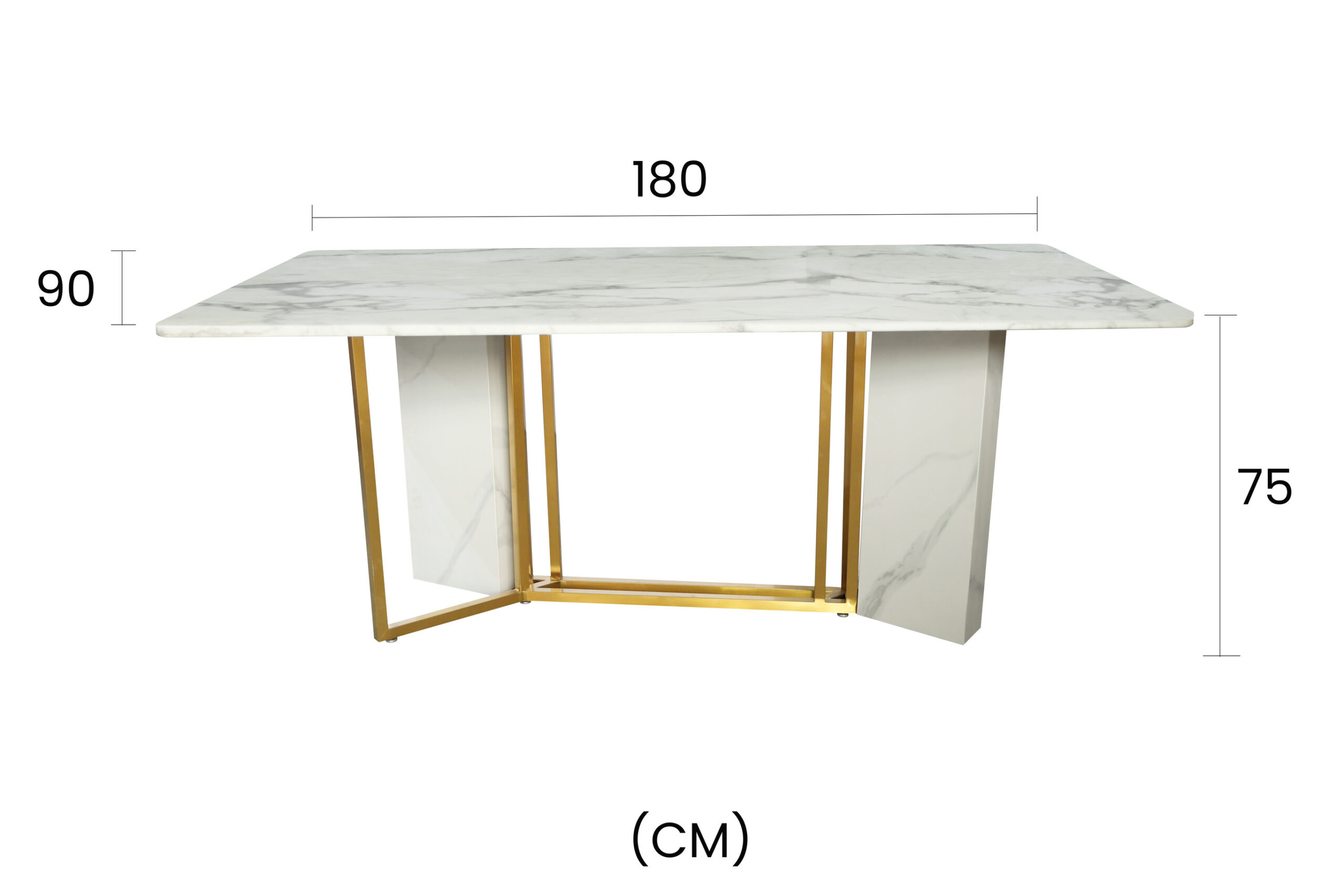 STÓŁ JADALNIANY prostokątny z białego marmuru i złoto szczotkowanej stali nierdzewnej, nowoczesny styl, wymiary