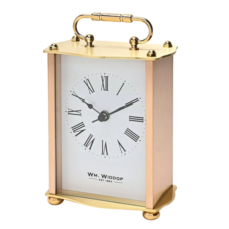 ZEGAR STOJĄCY prostokątny, złoty metalowy korpus z uchwytem, biała tarcz, klasyczny styl, piękny ZEGAR STOJĄCY prostokątny, złoty metalowy korpus z uchwytem, biała tarcz, klasyczny styl, piękny