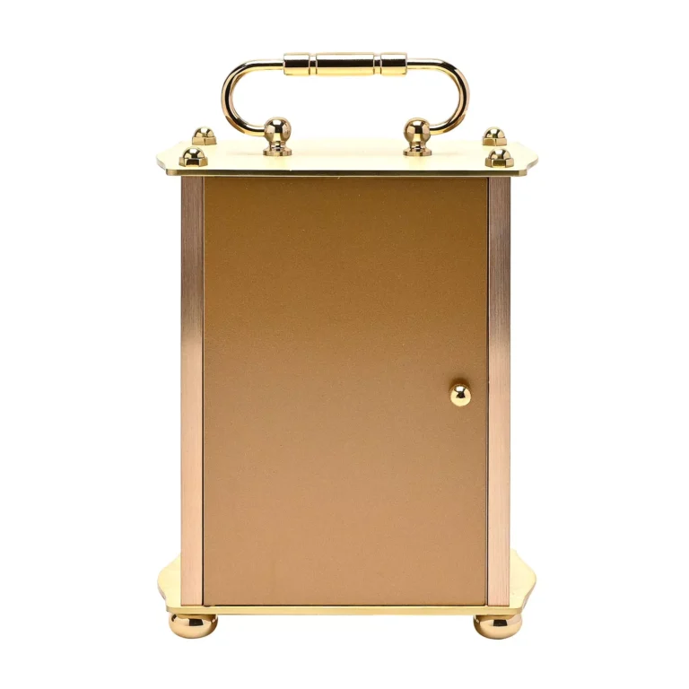 ZEGAR STOJĄCY prostokątny, złoty metalowy korpus z uchwytem, biała tarcz, klasyczny styl, wyjątkowy ZEGAR STOJĄCY prostokątny, złoty metalowy korpus z uchwytem, biała tarcz, klasyczny styl, wyjątkowy