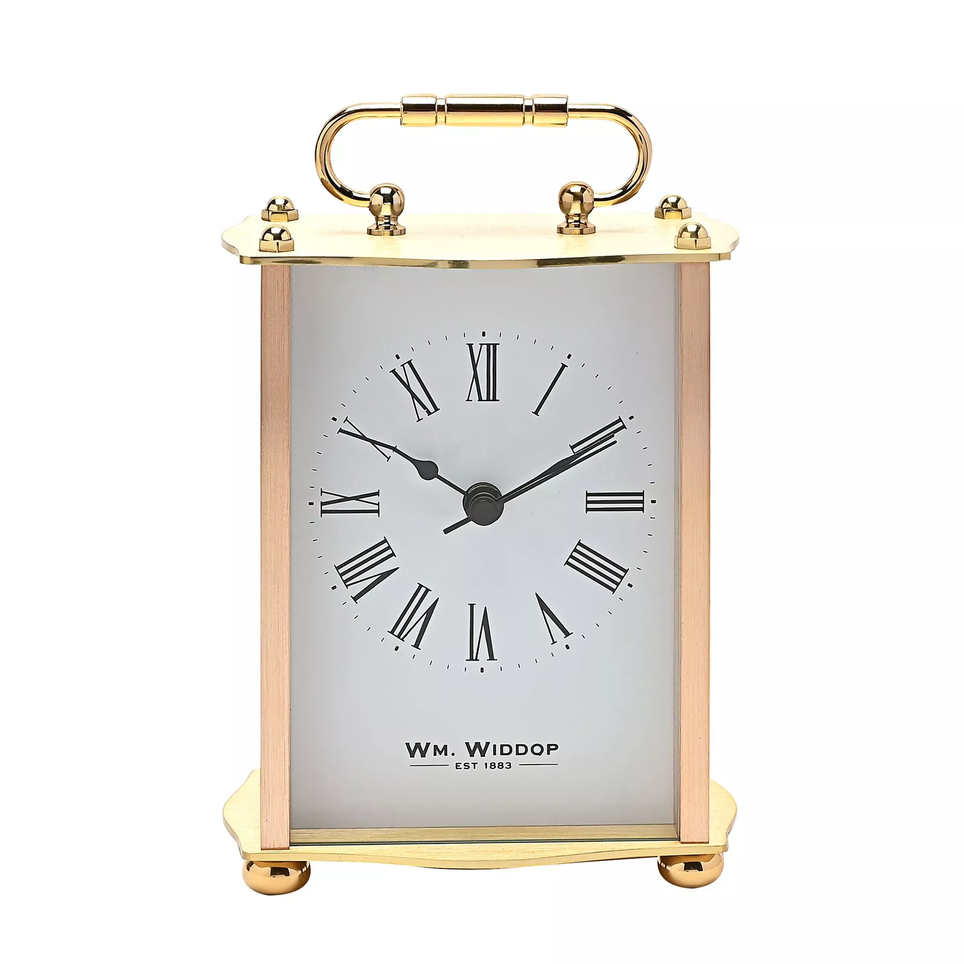 ZEGAR STOJĄCY prostokątny, złoty metalowy korpus z uchwytem, biała tarcz, klasyczny styl ZEGAR STOJĄCY prostokątny, złoty metalowy korpus z uchwytem, biała tarcz, klasyczny styl