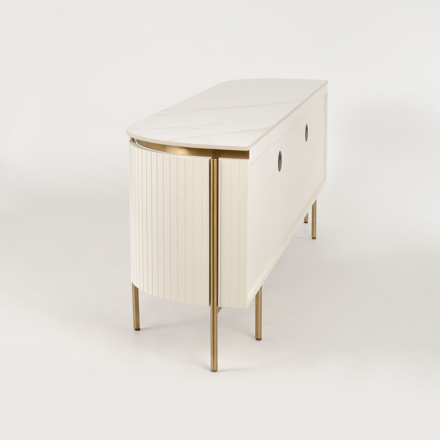 SZAFKA RTV w kolorze ecru z białymi, metalowymi dodatkami, blat z marmuru syntetycznego, ryflowane boki, nowoczesny glamour, najwyższa jakość