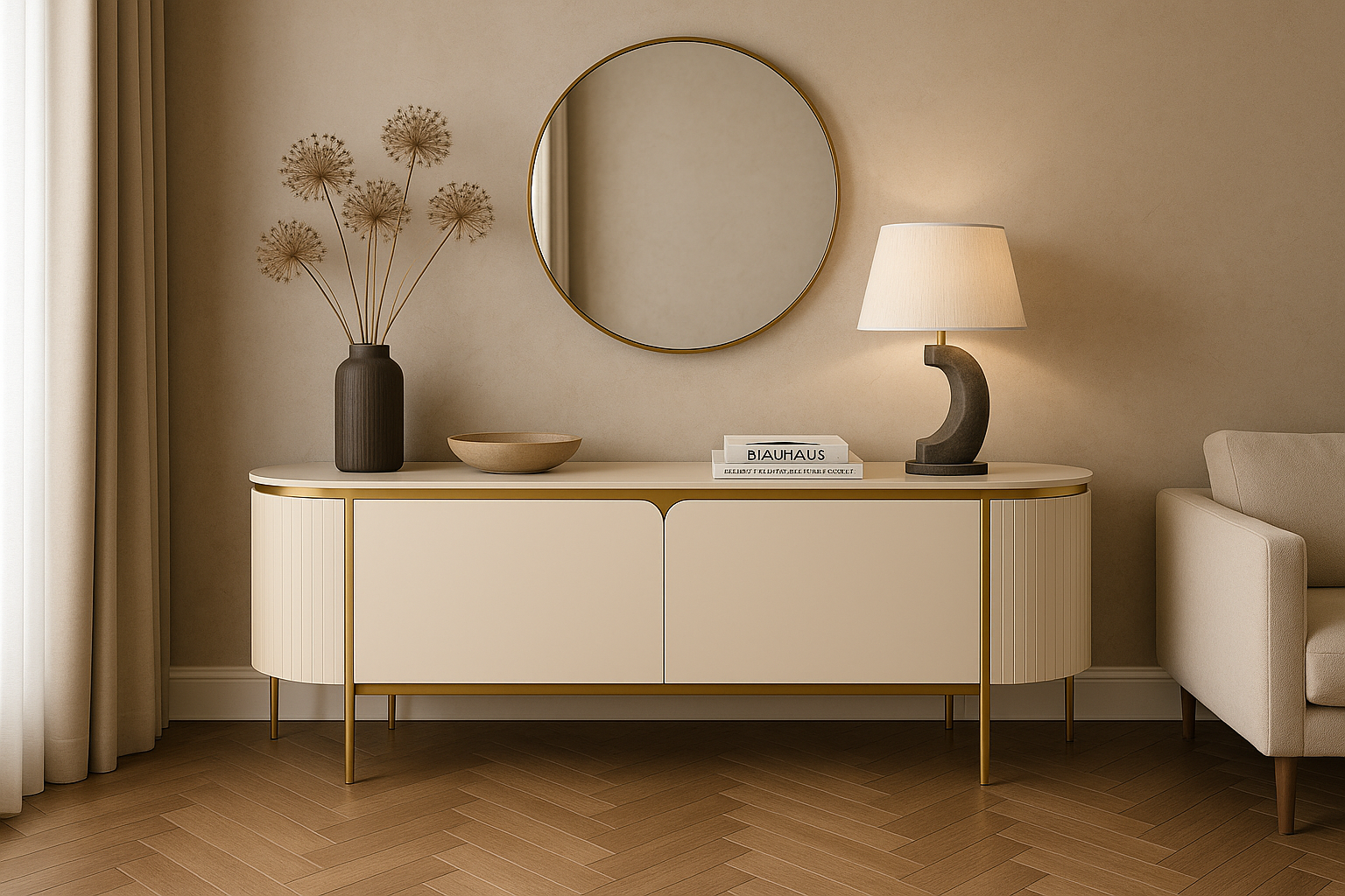 SZAFKA RTV w kolorze ecru z białymi, metalowymi dodatkami, blat z marmuru syntetycznego, ryflowane boki, nowoczesny glamour, piękna