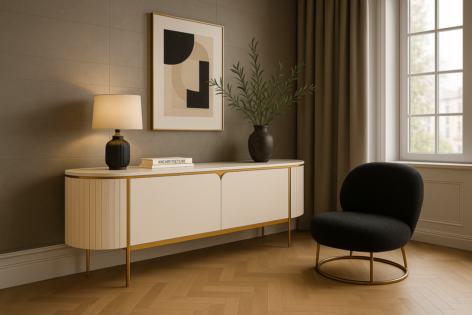 SZAFKA RTV w kolorze ecru z białymi, metalowymi dodatkami, blat z marmuru syntetycznego, ryflowane boki, nowoczesny glamour, premium