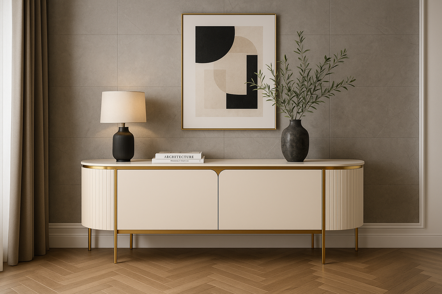 SZAFKA RTV w kolorze ecru z białymi, metalowymi dodatkami, blat z marmuru syntetycznego, ryflowane boki, nowoczesny glamour, wyjątkowa