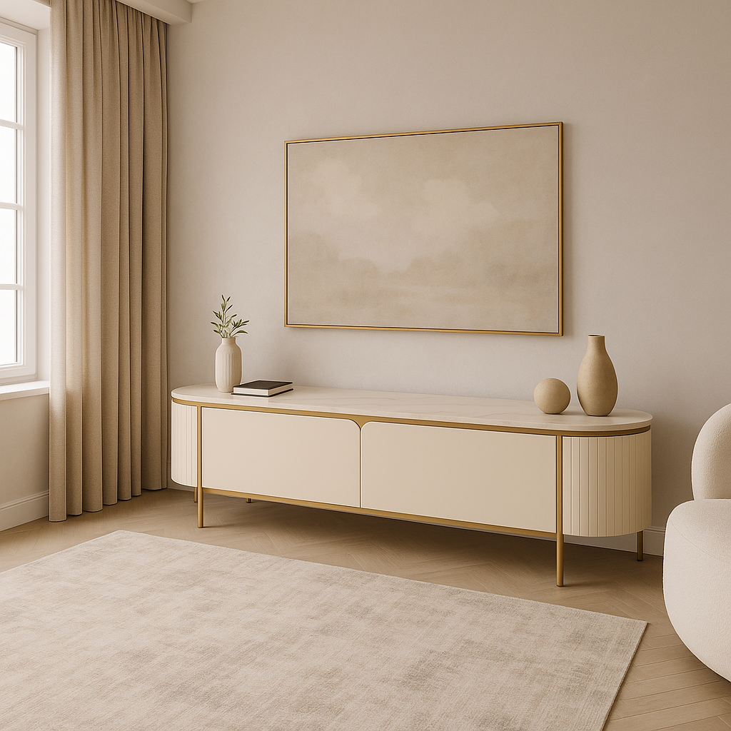 SZAFKA RTV w kolorze ecru z białymi, metalowymi dodatkami, blat z marmuru syntetycznego, ryflowane boki, nowoczesny glamour