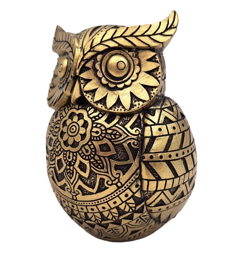 FIGURKA DEKORACYJNA złoto-czarna sowa z bogatymi zdobieniami, symbol mądrości, nowoczesna, piekna