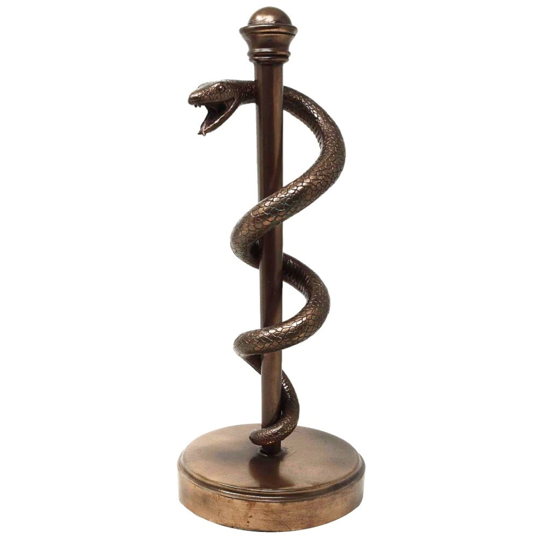 FIGURKA DEKORACYJNA, Laska Eskulapa, luksusowa, elegancka ozdoba, brązowo-mosiężna 1 FIGURKA DEKORACYJNA, Laska Eskulapa, luksusowa, elegancka ozdoba, brązowo-mosiężna