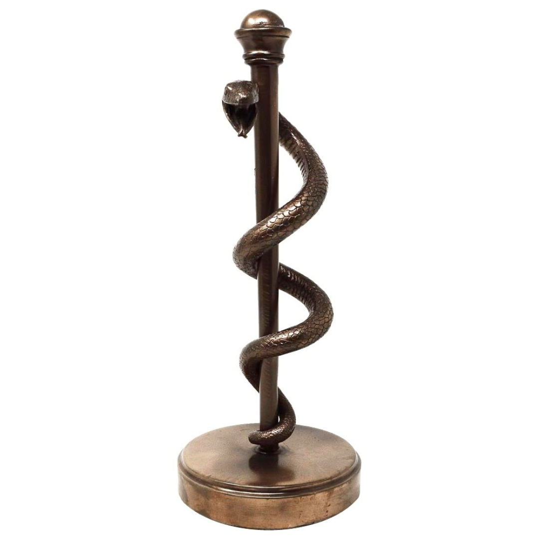 FIGURKA DEKORACYJNA, Laska Eskulapa, luksusowa, elegancka ozdoba, brązowo-mosiężna