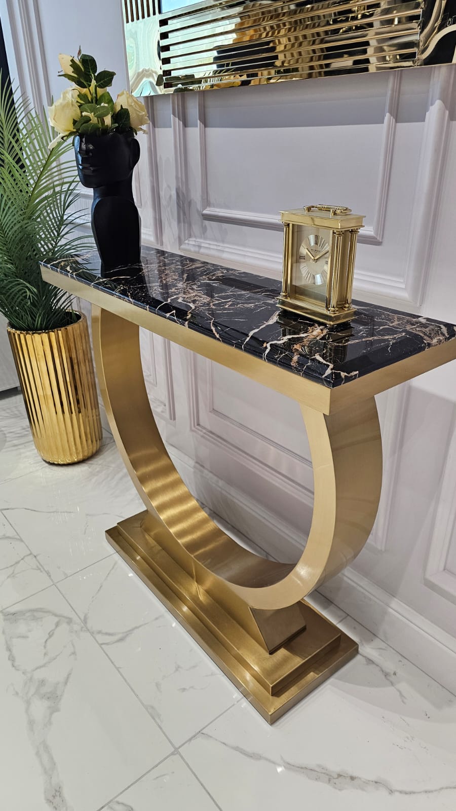 KONSOLA DEKORACYJNA RING, złota podstawa, marmurowy blat, luksusowy i ponadczasowy design 4