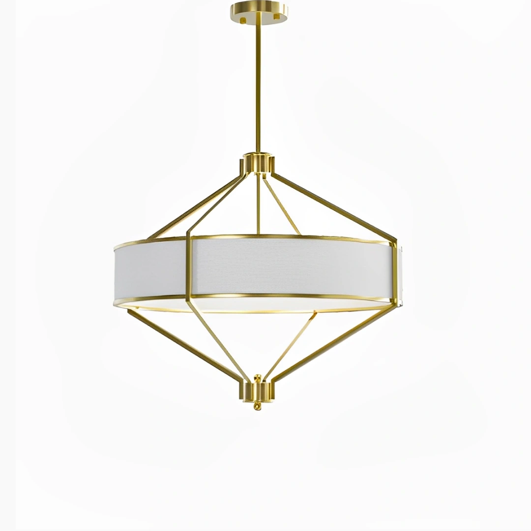 LAMPA WISZĄCA, dekoracyjna, złote wykończenie, materiałowy abażur