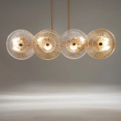 LAMPA WISZĄCA, elegancka, złota konstrukcja, szklane koła z ozdobnymi żłobieniami