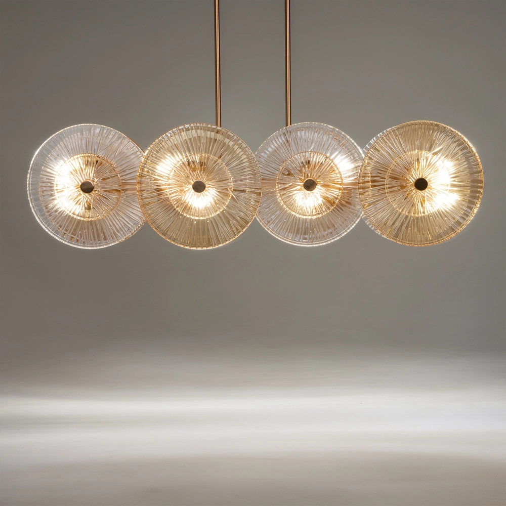 LAMPA WISZĄCA, elegancka, złota konstrukcja, szklane koła z ozdobnymi żłobieniami 2 LAMPA WISZĄCA, elegancka, złota konstrukcja, szklane koła z ozdobnymi żłobieniami