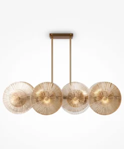 LAMPA WISZĄCA, elegancka, złota konstrukcja, szklane koła z ozdobnymi żłobieniami