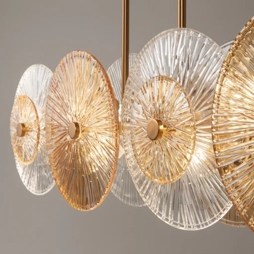LAMPA WISZĄCA, elegancka, złota konstrukcja, szklane koła z ozdobnymi żłobieniami