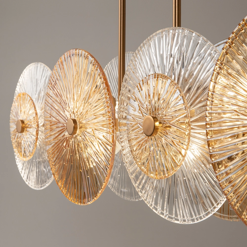 LAMPA WISZĄCA, elegancka, złota konstrukcja, szklane koła z ozdobnymi żłobieniami 3 LAMPA WISZĄCA, elegancka, złota konstrukcja, szklane koła z ozdobnymi żłobieniami