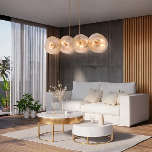 LAMPA WISZĄCA, elegancka, złota konstrukcja, szklane koła z ozdobnymi żłobieniami