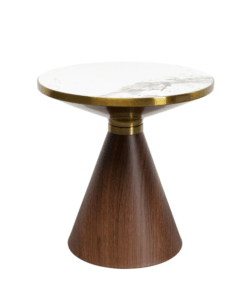 STOLIK KAWOWY, z brązowym stelażem, białą porcelanową powierzchnią, mosiężnymi elementami, współczesny design