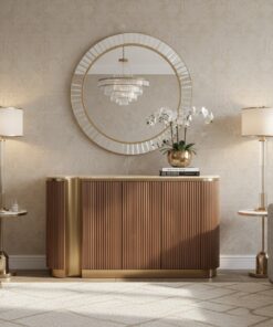 KOMODA, ryflowana podstawa, złote akcenty, kamienny blat, ponadczasowy design