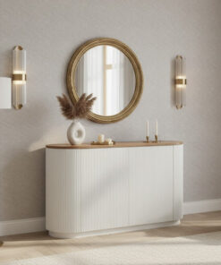 KOMODA, ryflowany korpus, owalny drewniany blat, minimalistyczny styl