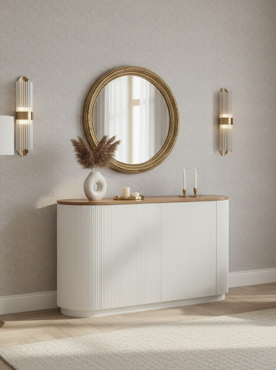 KOMODA, ryflowany korpus, owalny drewniany blat, minimalistyczny styl KOMODA, ryflowany korpus, owalny drewniany blat, minimalistyczny styl