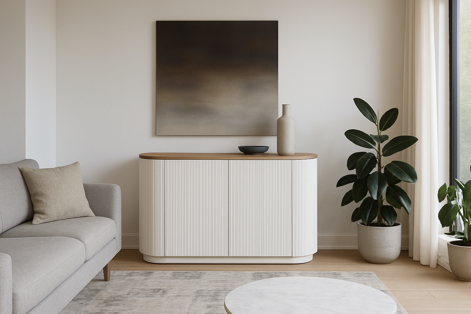 KOMODA, ryflowany korpus, owalny drewniany blat, minimalistyczny styl 1