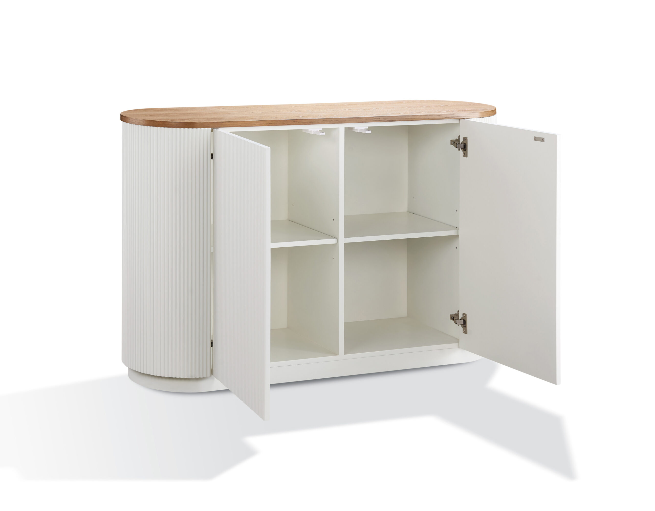 KOMODA, ryflowany korpus, owalny drewniany blat, minimalistyczny styl 2