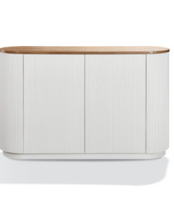 KOMODA, ryflowany korpus, owalny drewniany blat, minimalistyczny styl