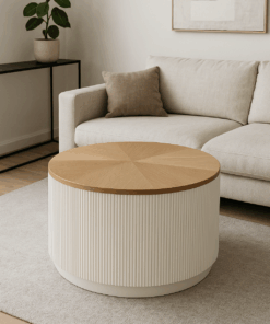 STOLIK KAWOWY, okrągły, biały ecru, ryflowany, drewniany blat ze schowkiem