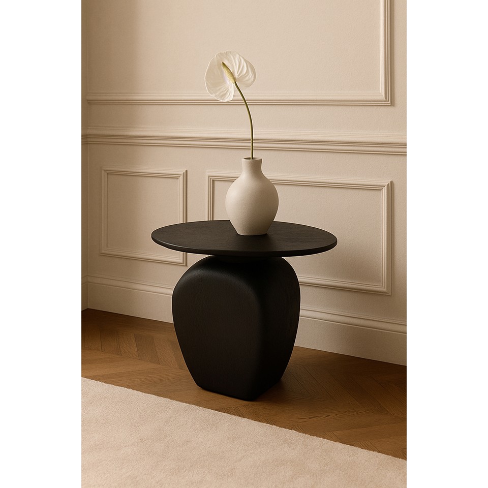 STOLIK KAWOWY, okrągły, drewniany, czarny, artystyczny, elegancki