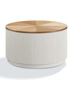 STOLIK KAWOWY, okrągły, ryflowany, drewniany blat ze schowkiem