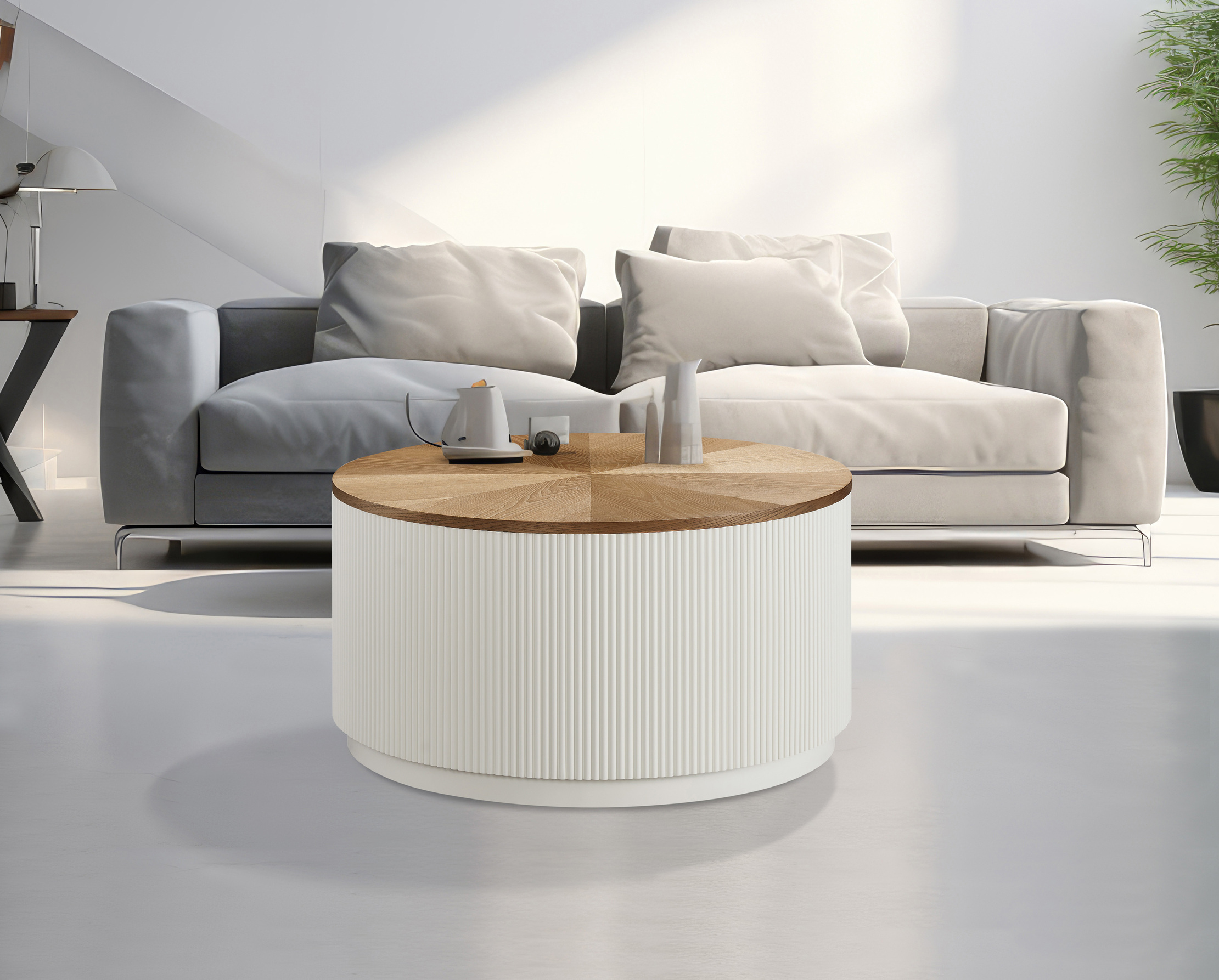 STOLIK KAWOWY, okrągły, ryflowany, drewniany blat ze schowkiem 3