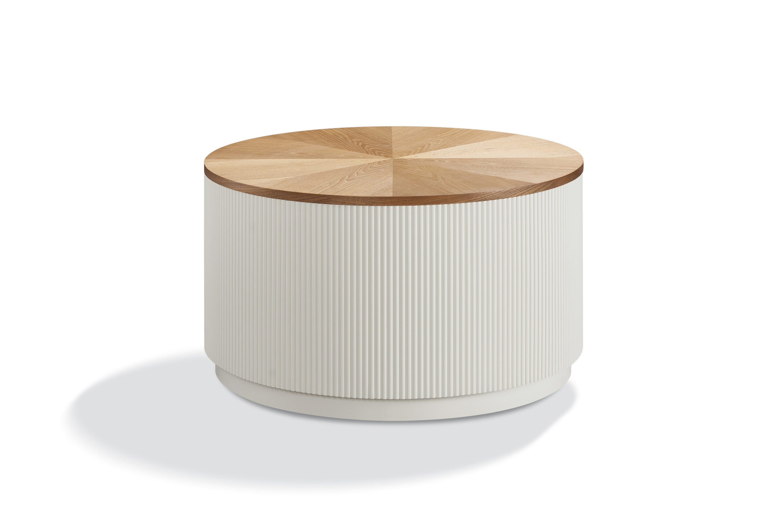 STOLIK KAWOWY, okrągły, ryflowany, drewniany blat ze schowkiem STOLIK KAWOWY, okrągły, ryflowany, drewniany blat ze schowkiem