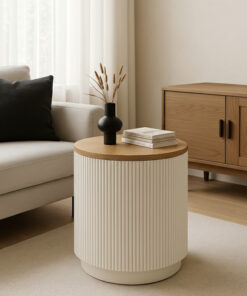 STOLIK POMOCNICZY, okrągły, drewniany blat, ryflowana podstawa, nowoczesny design