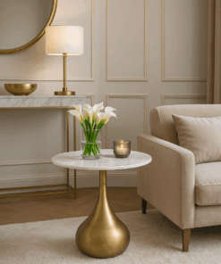 STOLIK POMOCNICZY, złoty, marmurowy, okrągły, elegancki, minimalistyczny styl