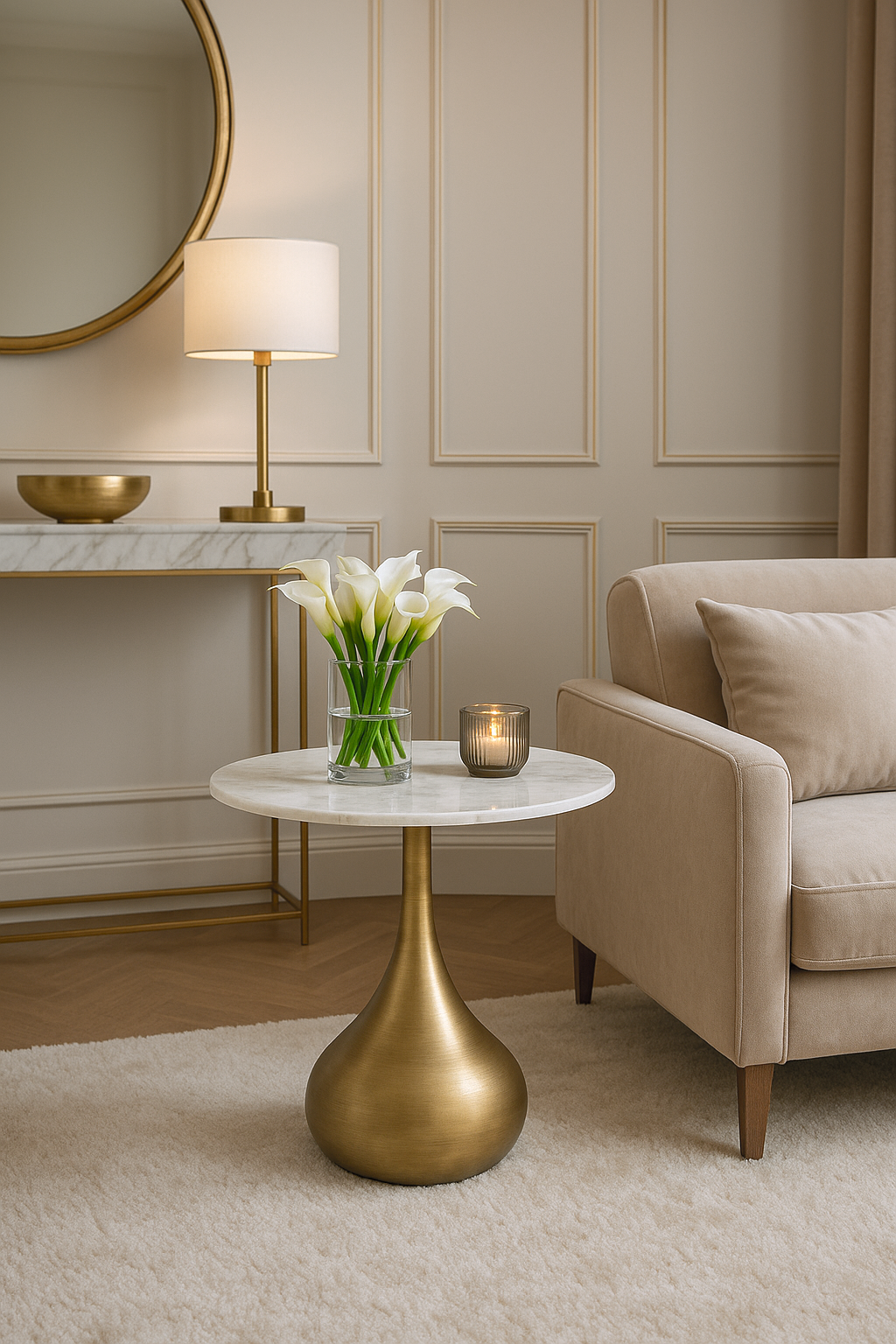 STOLIK POMOCNICZY, złoty, marmurowy, okrągły, elegancki, minimalistyczny styl