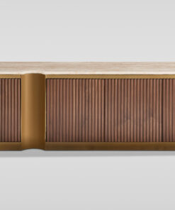 SZAFKA RTV, ryflowany korpus, złote akcenty, kamienny blat, nowoczesny design