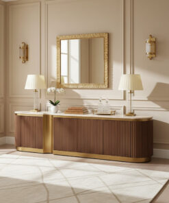 SZAFKA RTV, ryflowany korpus, złote akcenty, kamienny blat, nowoczesny design