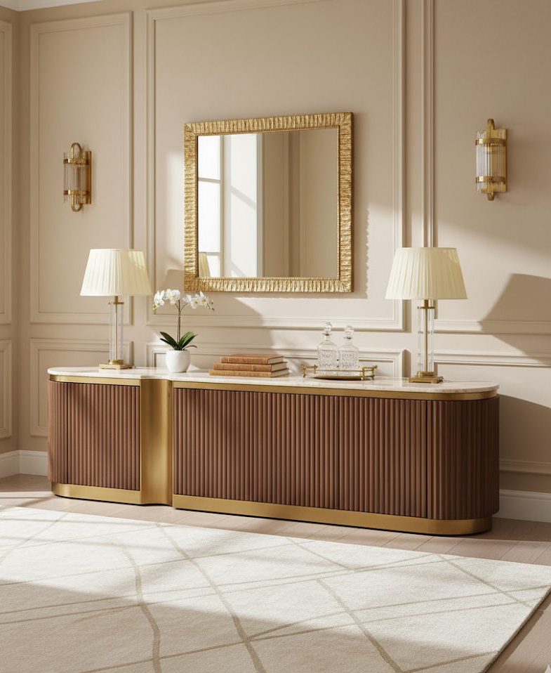 SZAFKA RTV, ryflowany korpus, złote akcenty, kamienny blat, nowoczesny design