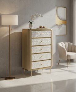 KOMODA, 120cm wysokości, fronty z naturalnej muszli morskiej, ryflowane elementy, nowoczesny design
