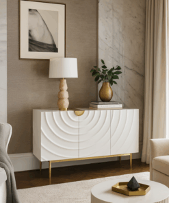 KOMODA, biała ecru ze złotymi elementami, asymetryczny decor, nowoczesny styl