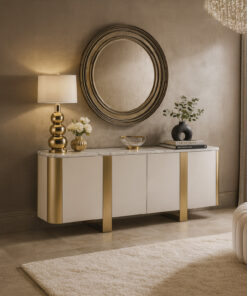KOMODA, biała ze złotymi elementami, marmurowy blat, nowoczesny design