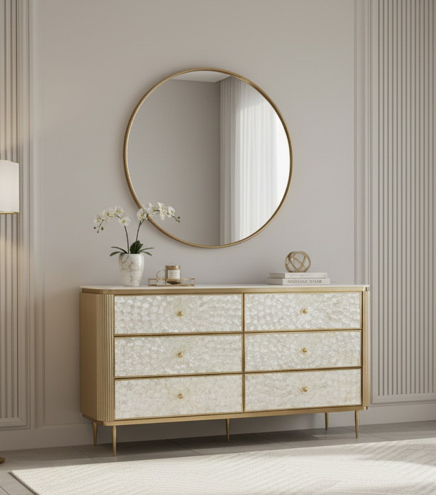 KOMODA, złoto szampańskie, fronty z naturalnej muszli morskiej, marmurowy blat, nowoczesny design.