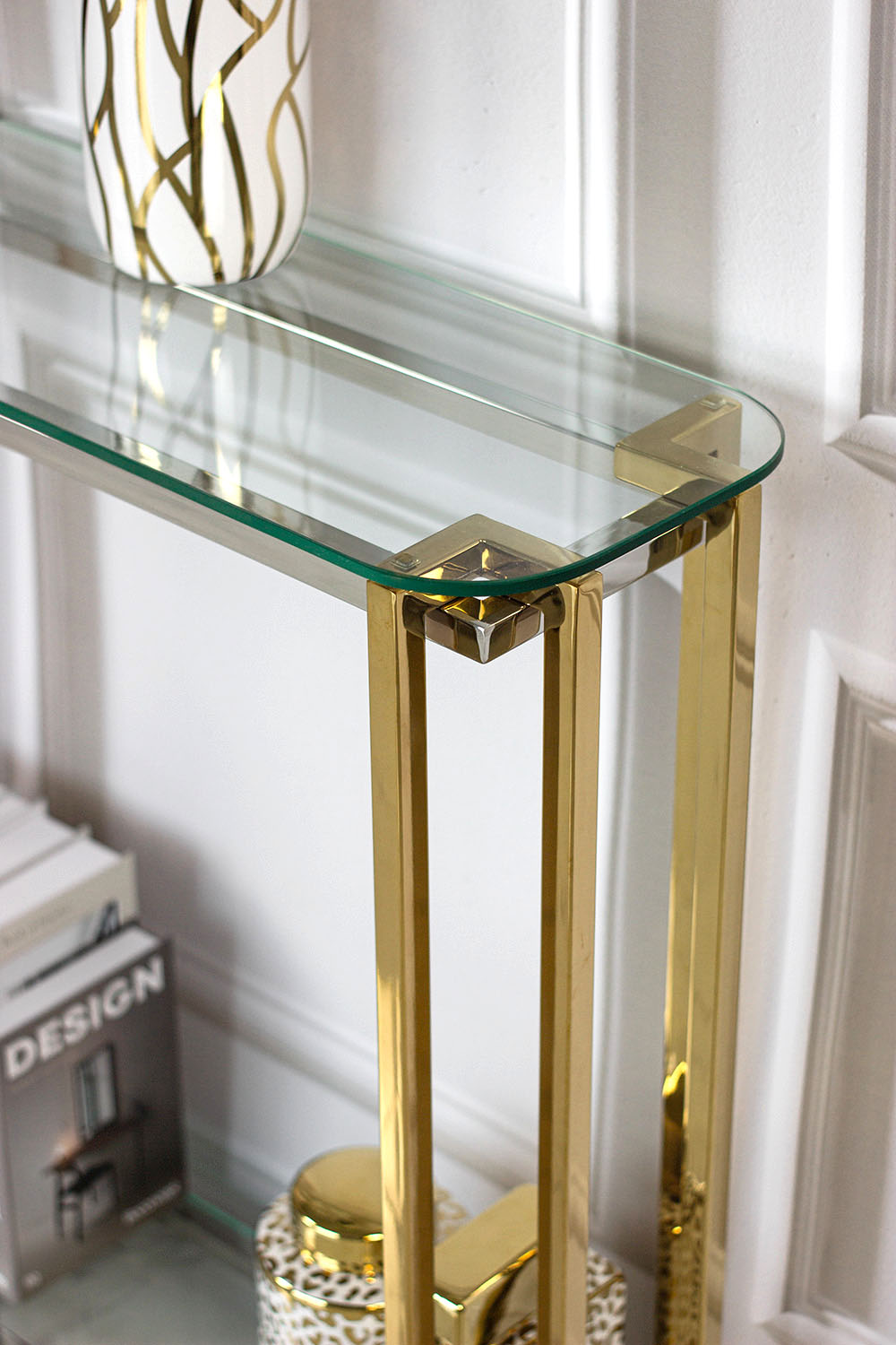 KONSOLA ELISSE, 80 cm, złoty metalowy stelaż, transparentne blaty, ponadczasowy design 1