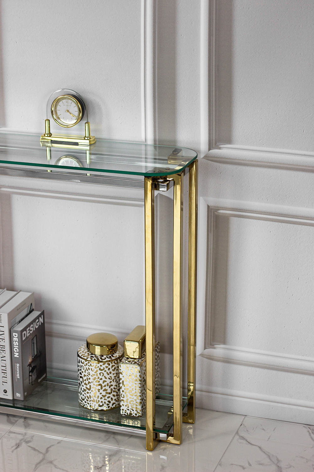 KONSOLA ELISSE, 80 cm, złoty metalowy stelaż, transparentne blaty, ponadczasowy design 2