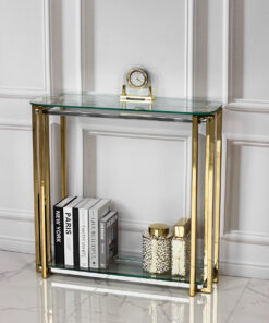 KONSOLA ELISSE, 80 cm, złoty metalowy stelaż, transparentne blaty, ponadczasowy design