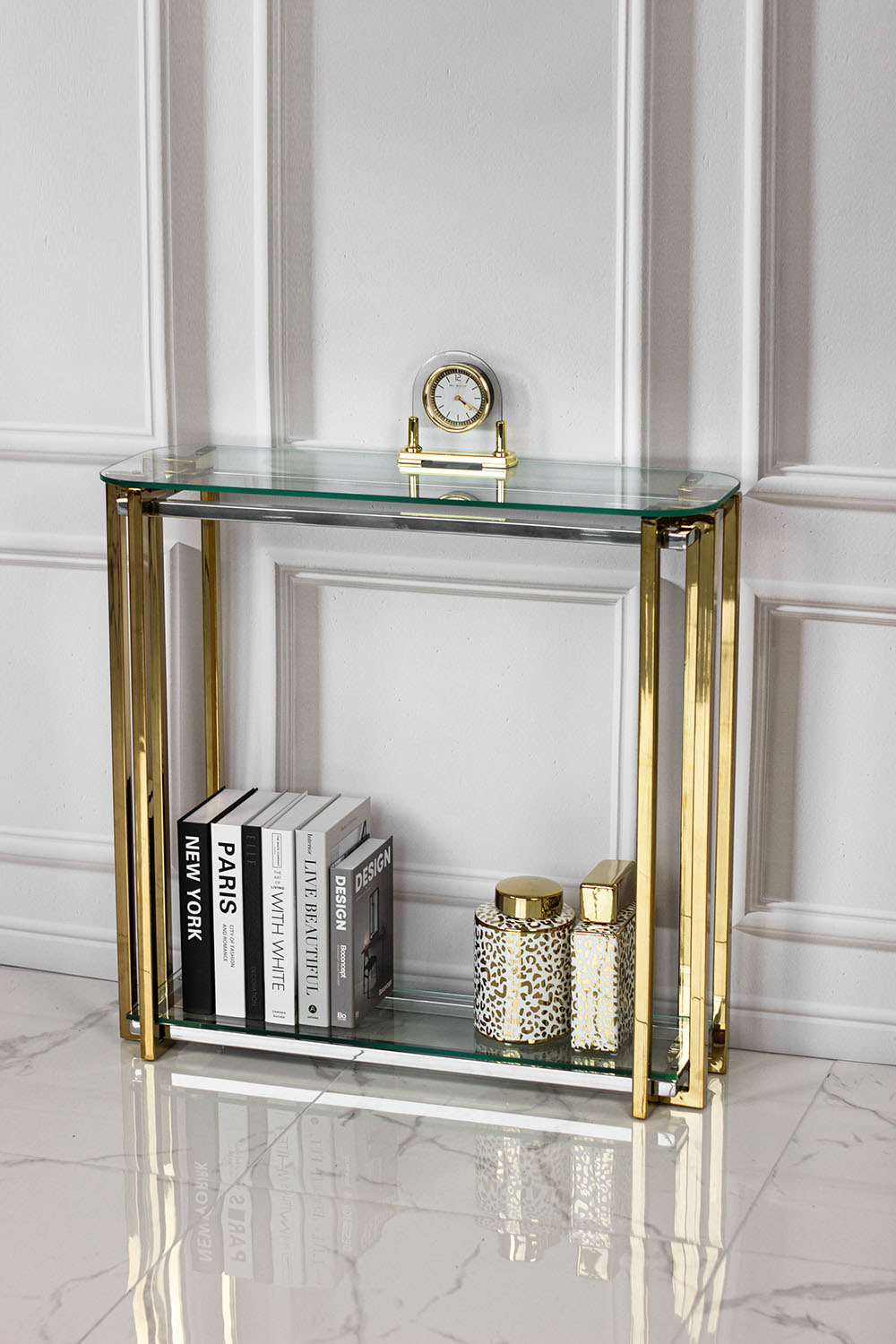 KONSOLA ELISSE, 80 cm, złoty metalowy stelaż, transparentne blaty, ponadczasowy design