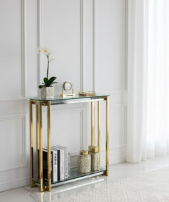 KONSOLA ELISSE, złota, szklany blat, metalowa konstrukcja, klasyczny styl
