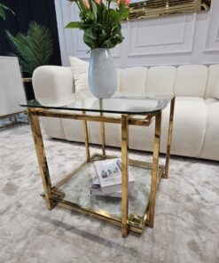 STOLIK KAWOWY ELISSE, złoty stelaż, szklany blat, mały, klasyczny design