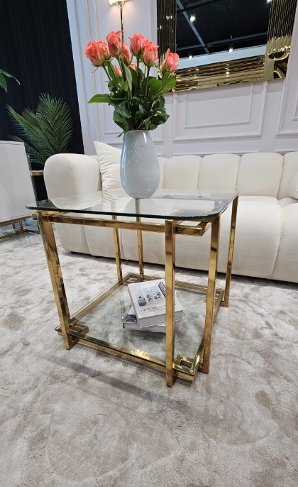 STOLIK KAWOWY ELISSE, złoty stelaż, szklany blat, mały, klasyczny design