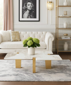 STOLIK KAWOWY, nieregularny kształt, złota szczotkowana podstawa, nowoczesny design